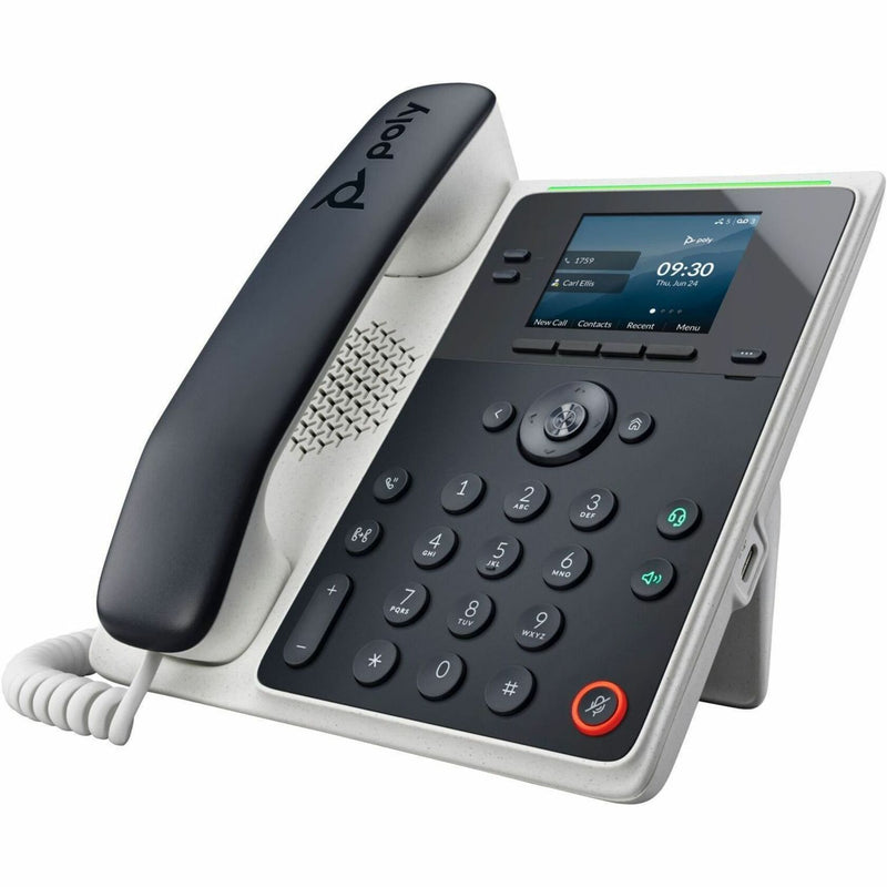 Front view of Poly Edge E100 IP phone showing 2.8-inch color display, keypad, and ergonomic handset