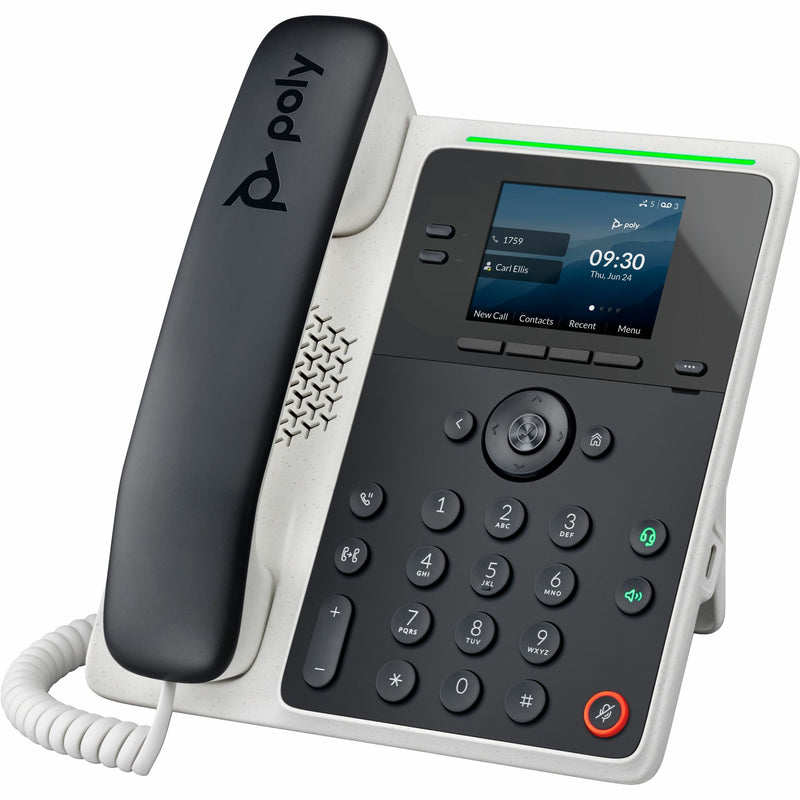 Front view of Poly Edge E100 IP phone showing color display interface and keypad layout