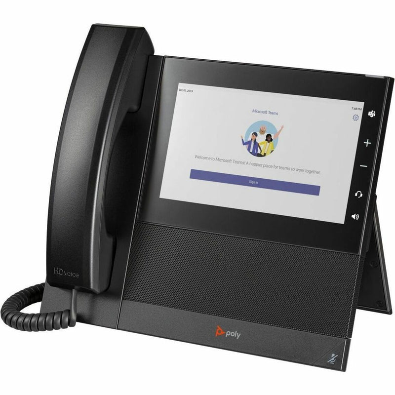 Poly CCX 600 business phone displaying Microsoft Teams login screen on 7-inch touch display