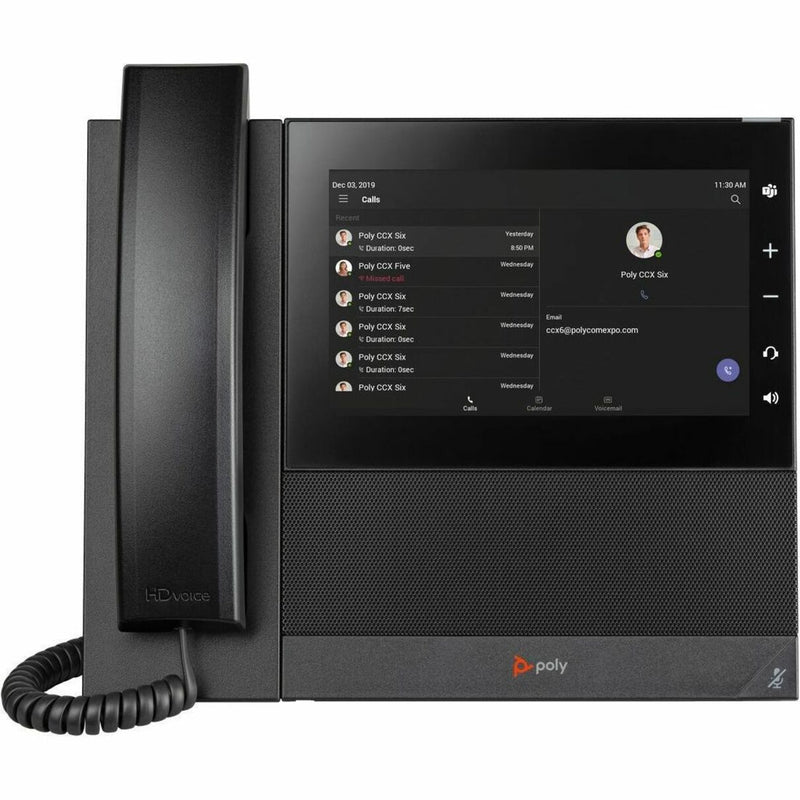 Poly CCX 600 screen displaying call management interface with contact list