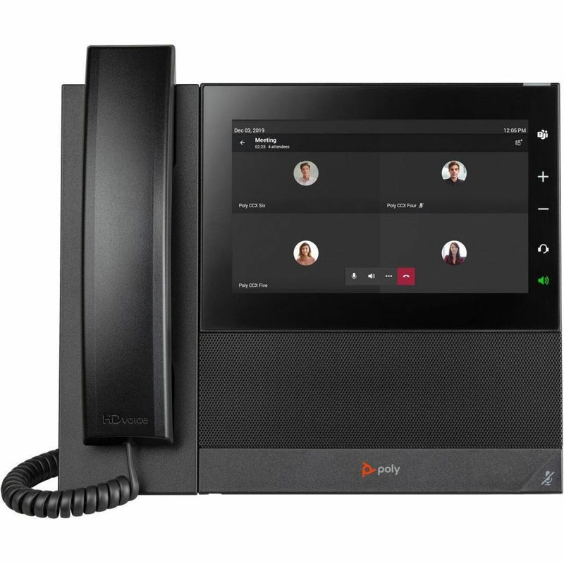 Poly CCX 600 displaying video conference interface with multiple participants