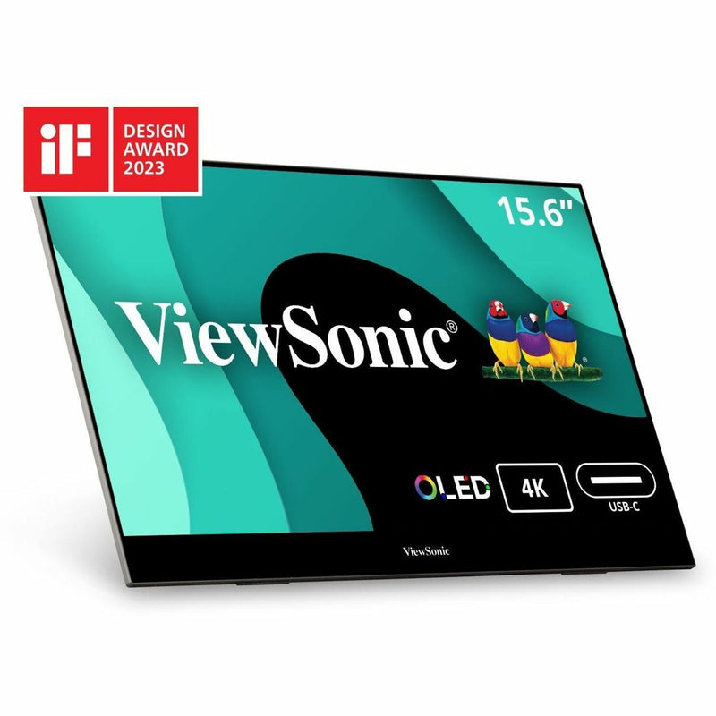 ViewSonic VX1655-4K-OLED portable monitor with IF Design Award 2023 badge on turquoise background