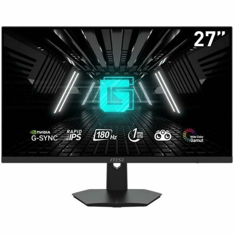 Front view of MSI G274F gaming monitor showing key features including 180Hz refresh rate, G-Sync, and IPS technology with MSI logo