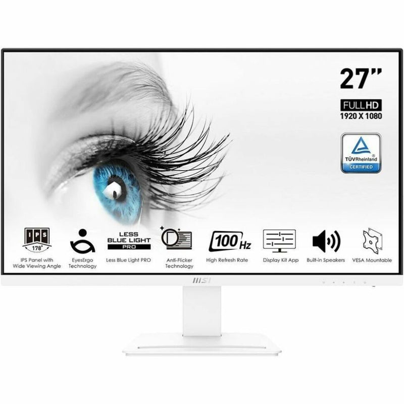 Front view of MSI ProMP273AW monitor with eye care technology icons and blue eye visual