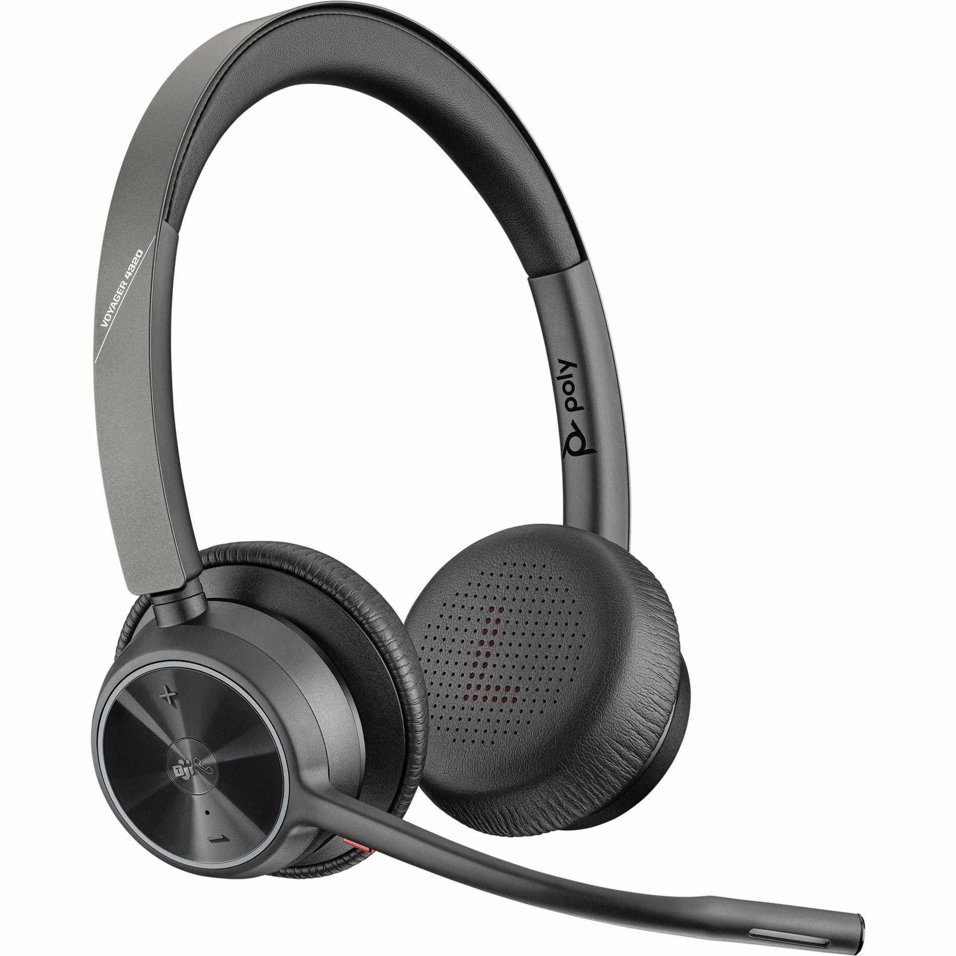 Poly Voyager 4320 UC wireless headset with boom microphone and cushioned ear cups shown from side angle-alternate-image1