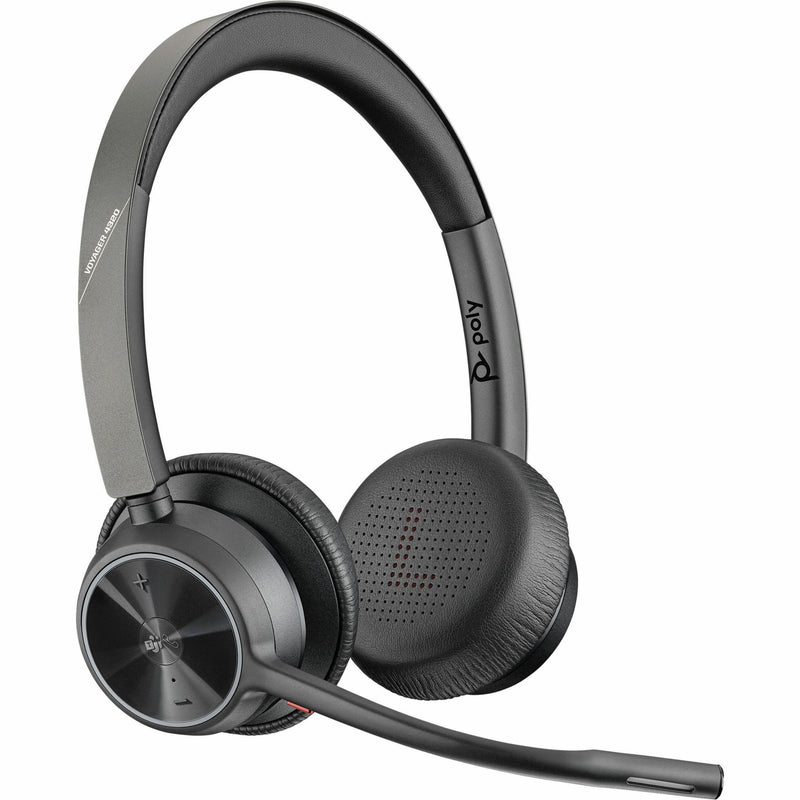 Poly Voyager 4320 UC wireless headset with boom microphone and cushioned ear cups shown from side angle