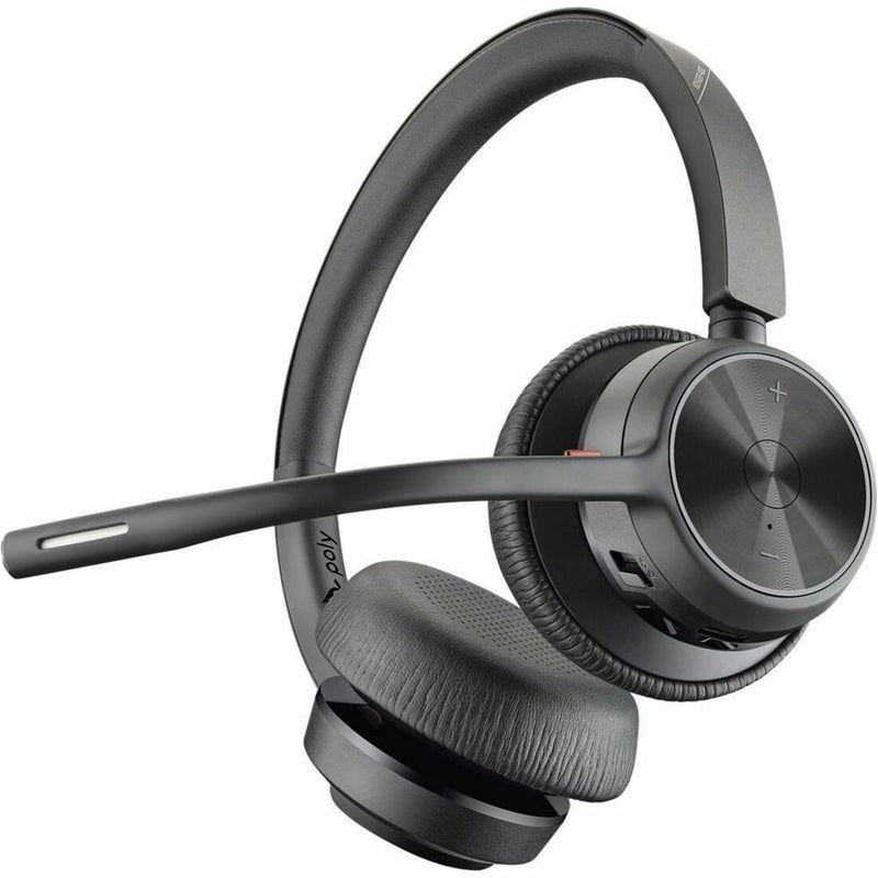 Close-up view of Poly Voyager 4320 UC headset showing adjustable boom mic and control buttons