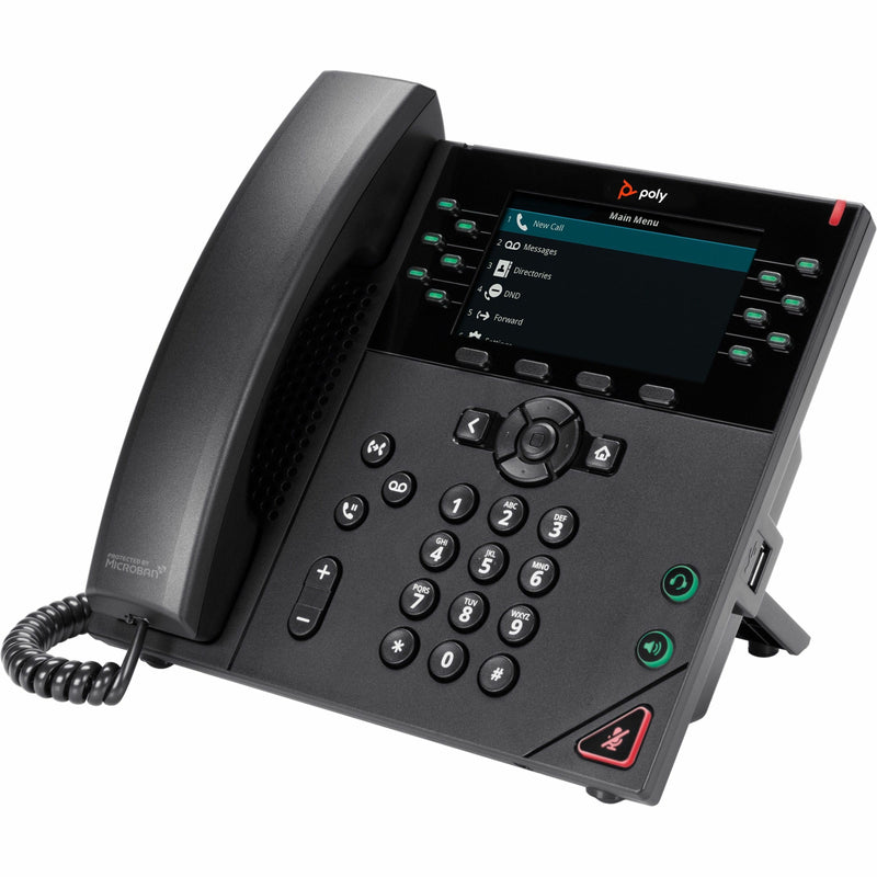 Angled view of Poly VVX 450 IP phone emphasizing compact design and full feature set