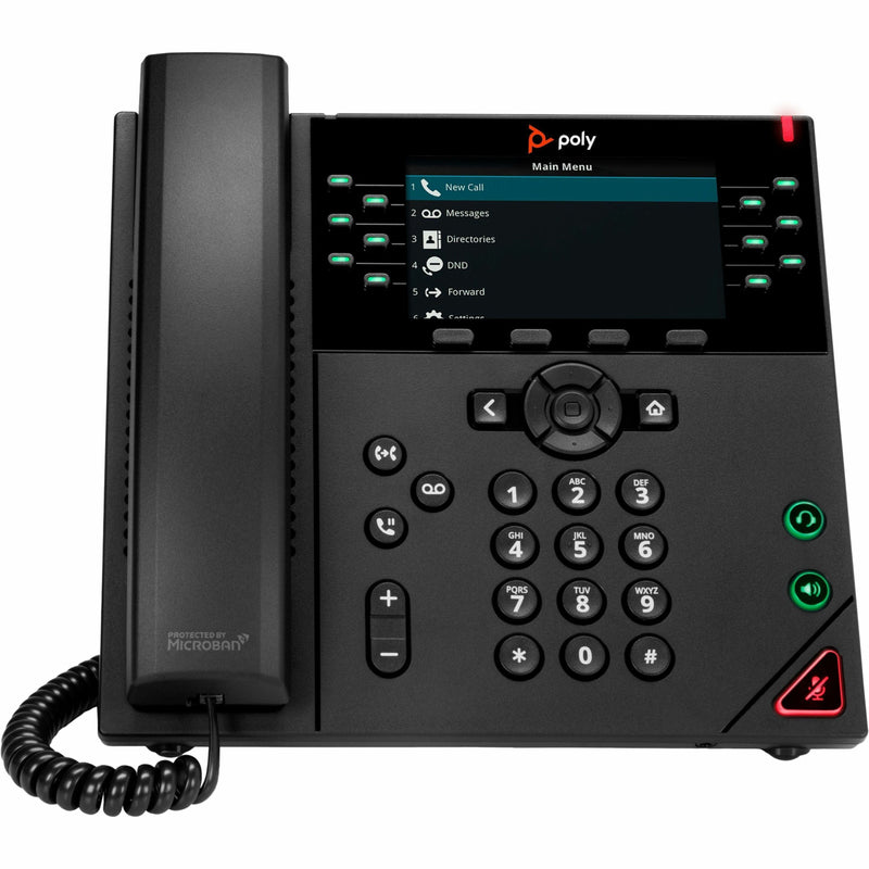 Front view of Poly VVX 450 IP phone showing 4.3-inch color display, programmable line keys, and numeric keypad