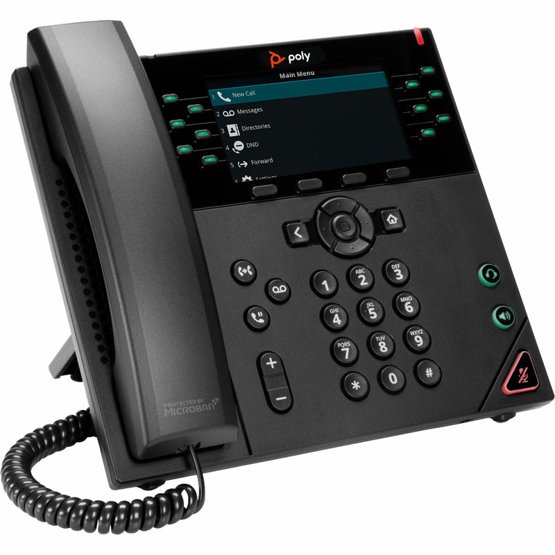 Side angle view of Poly VVX 450 IP phone showing adjustable stand and ergonomic design