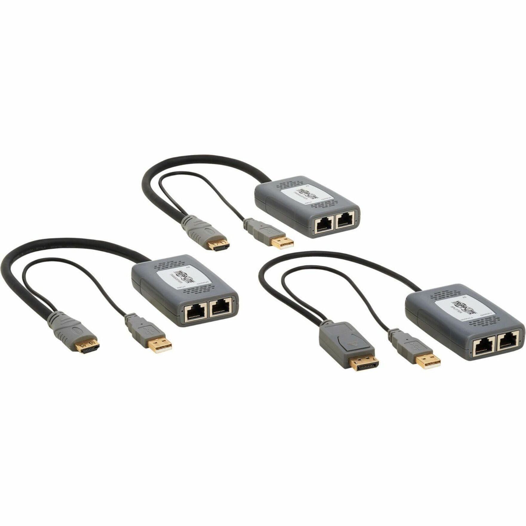 Three Tripp Lite video extender units with DisplayPort and USB connections showing complete kit contents-alternate-image1