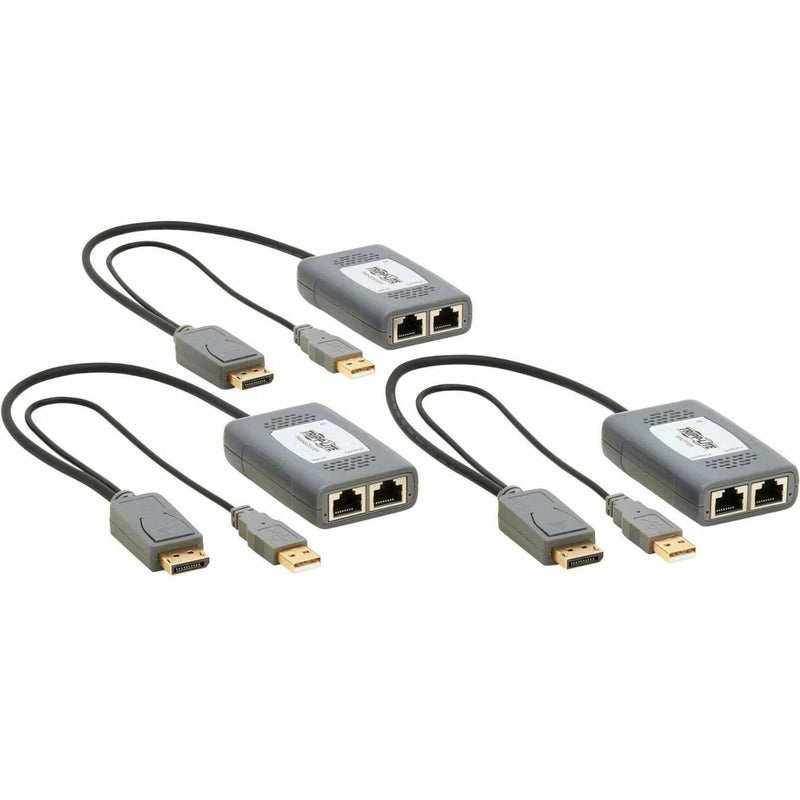 Three Tripp Lite DisplayPort extender units with dual RJ-45 ports and connection cables