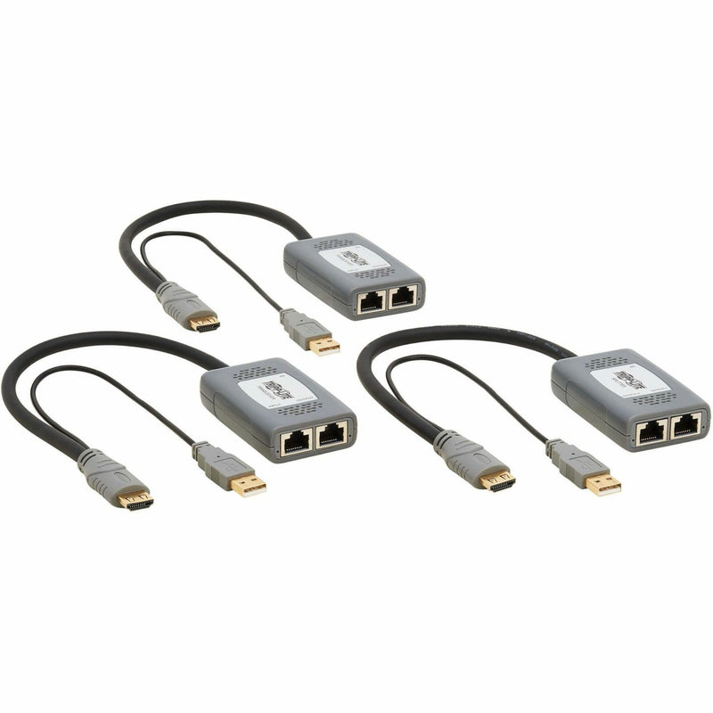 Three Tripp Lite B127U-002-PHPH2 HDMI extender units with USB power and dual RJ45 ports