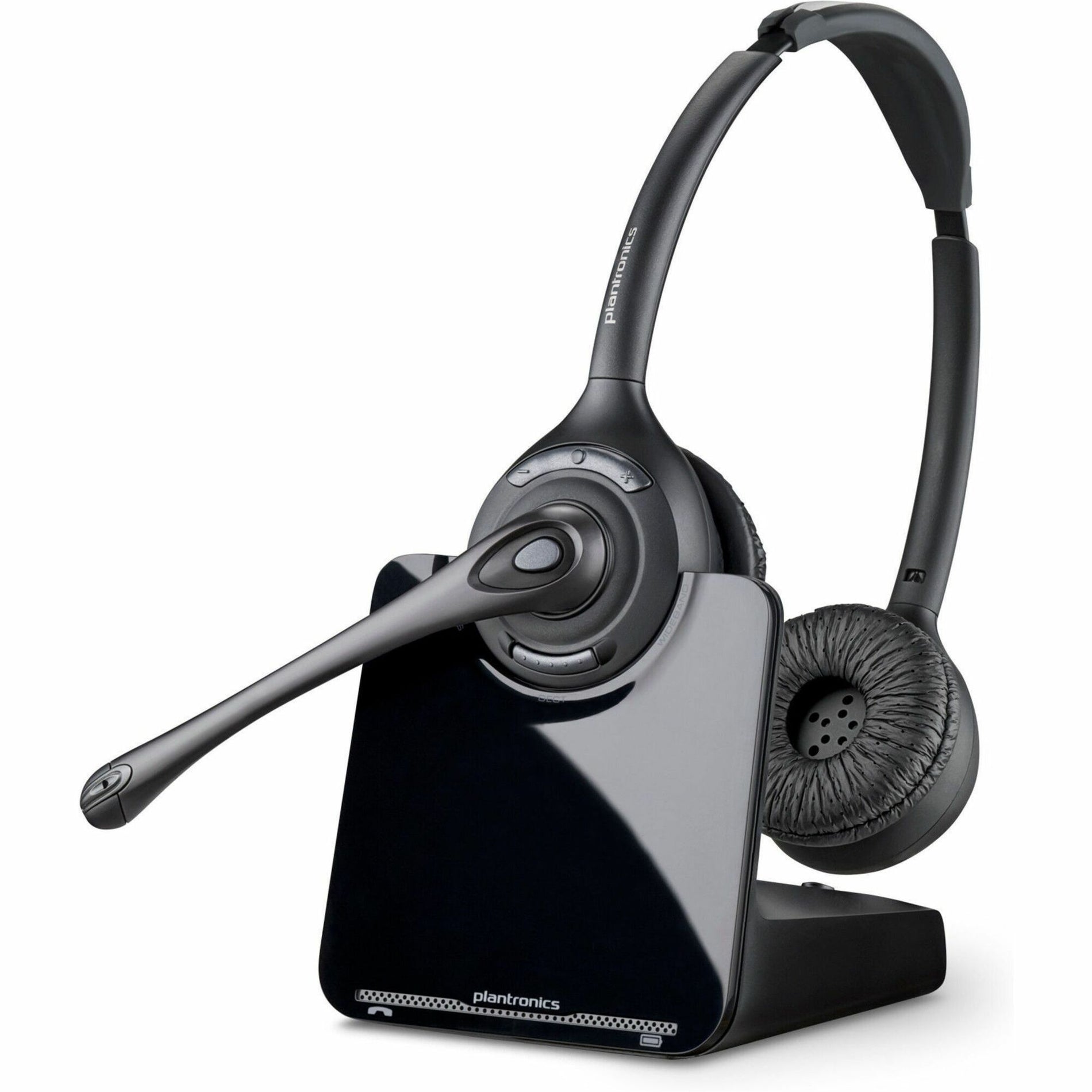 Poly CS520 XD wireless headset with binaural ear cups and noise-canceling microphone shown with charging base station-alternate-image1