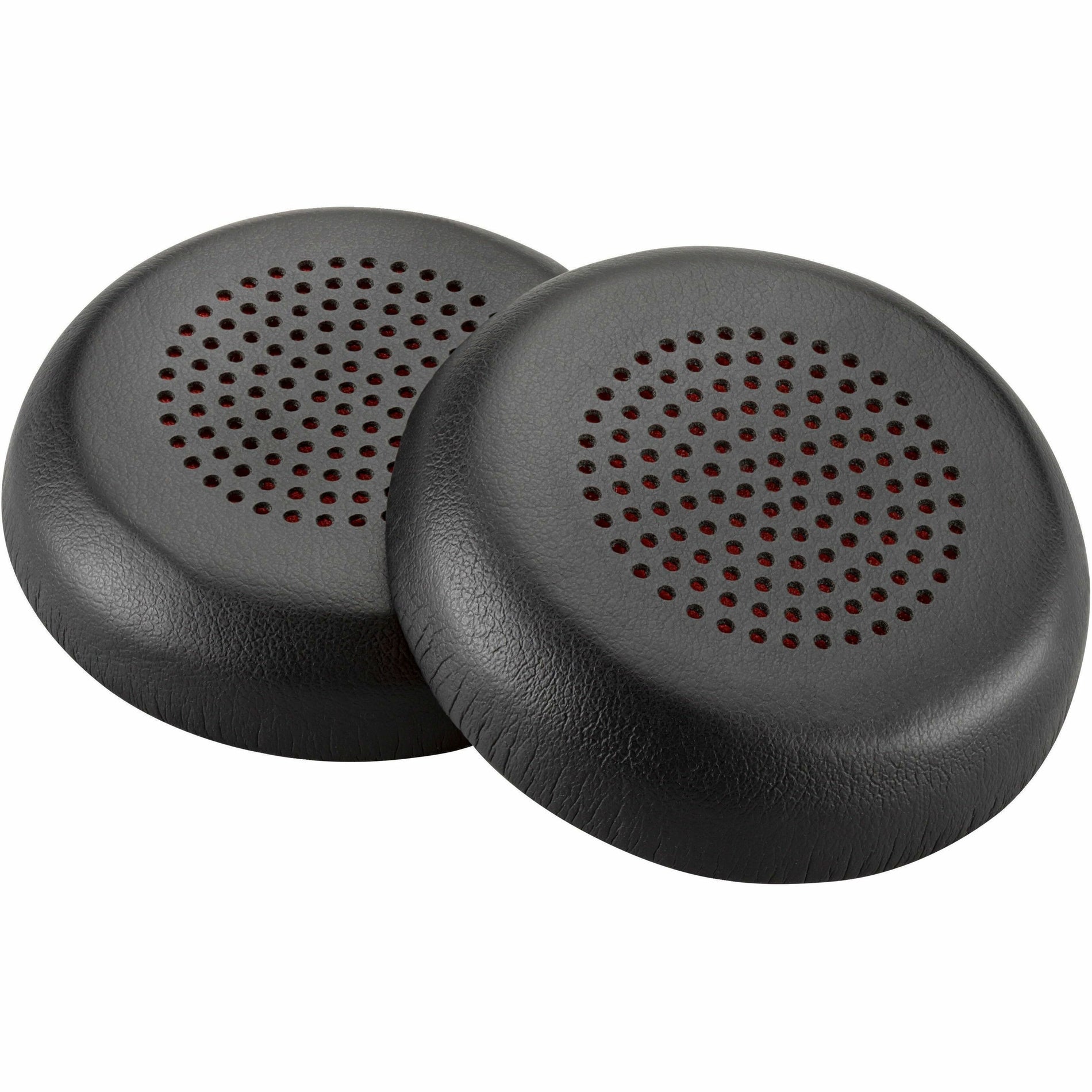 Two black synthetic leather ear cushions for Poly wireless headsets featuring perforated acoustic design patterns-alternate-image1