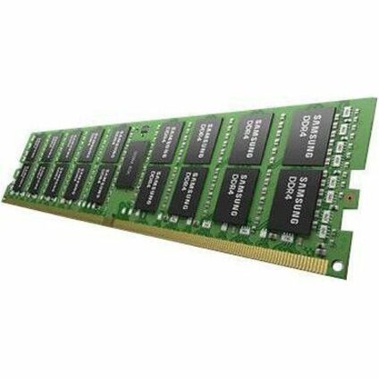 Samsung 32GB DDR5 SDRAM server memory module with green PCB and black memory chips in angled view