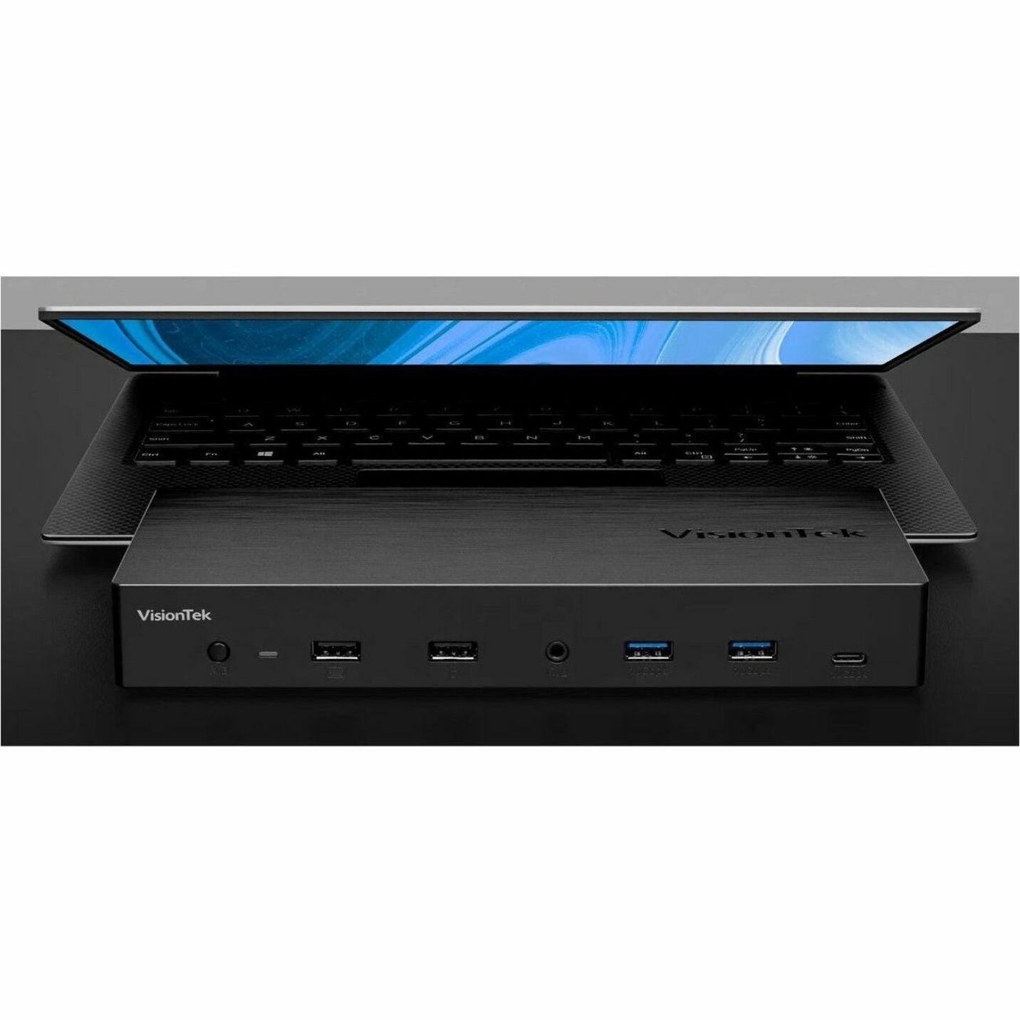 VisionTek VT4950 docking station with laptop showing front port accessibility-alternate-image2