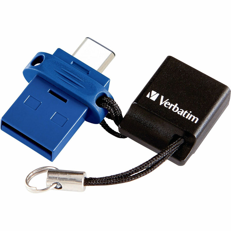 Verbatim dual USB flash drive showing USB-A and USB-C connectors connected by black lanyard