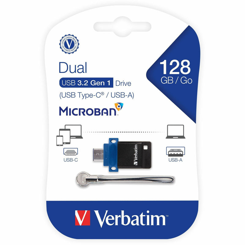 Retail packaging of Verbatim dual USB drive showing contents and features