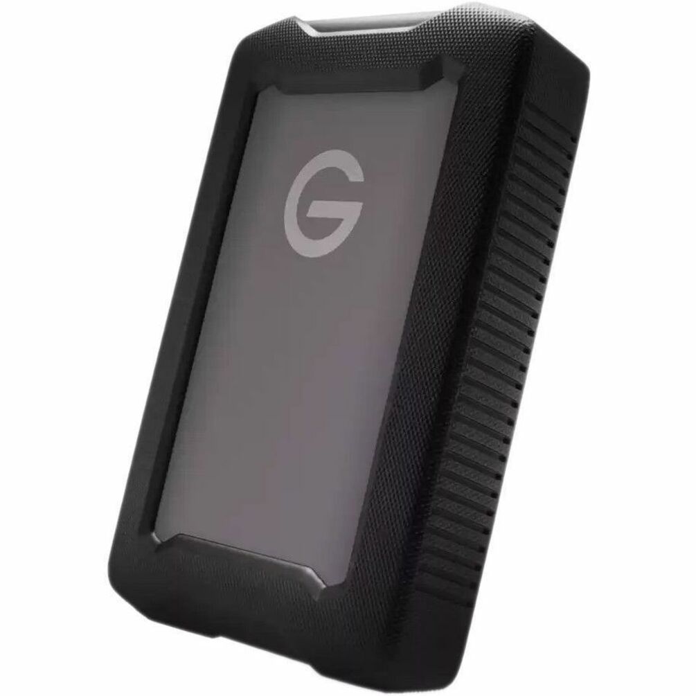 Front view of G-DRIVE ArmorATD external hard drive showing protective rubber bumper and aluminum casing with G logo-alternate-image1