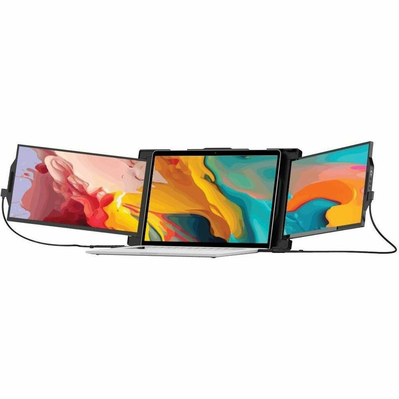 Mobile Pixels TRIO Max showing three screens in landscape mode displaying colorful abstract artwork across all displays