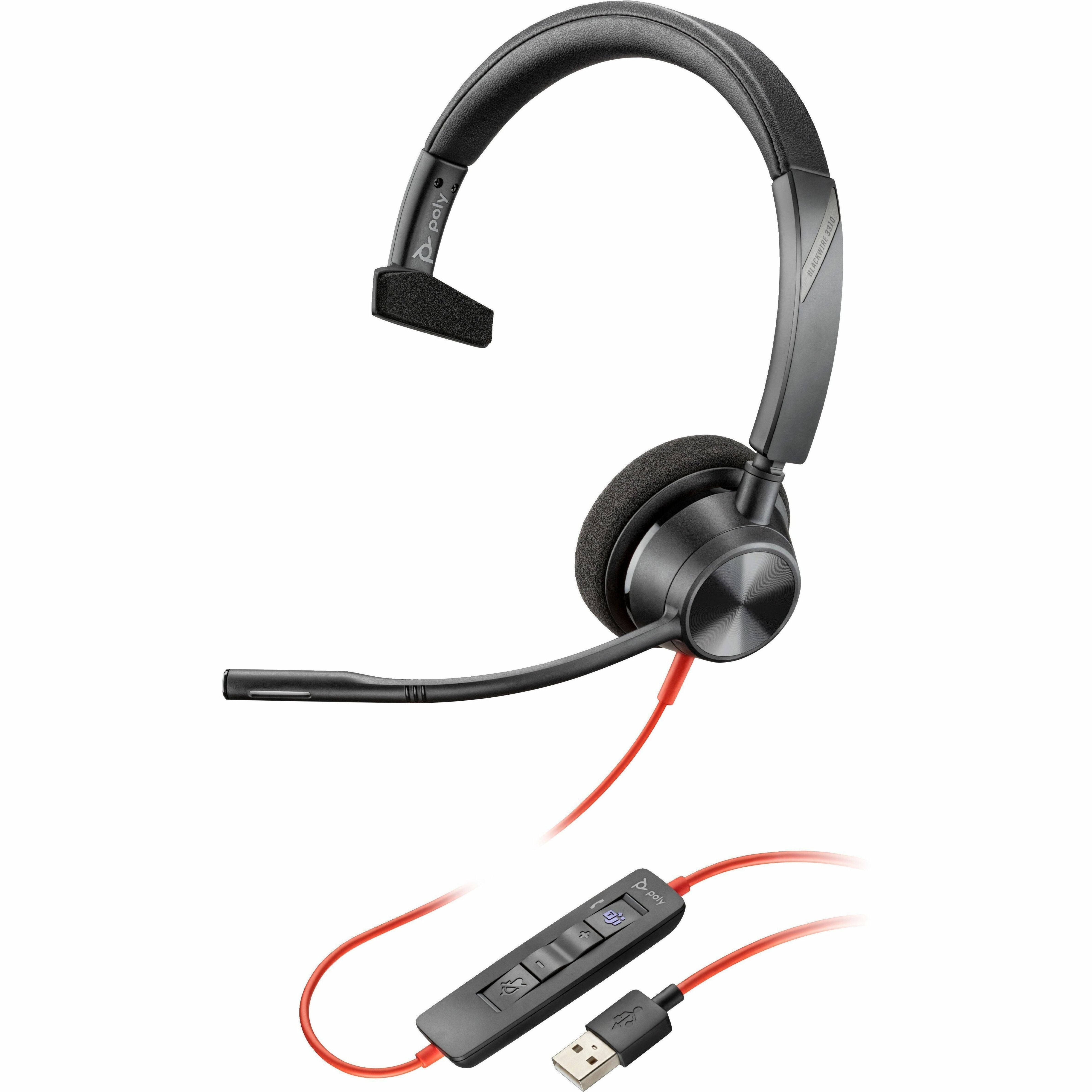 Poly Blackwire 3310 Headset, Monaural Over-the-head, Noise Cancelling, 2 Year Warranty