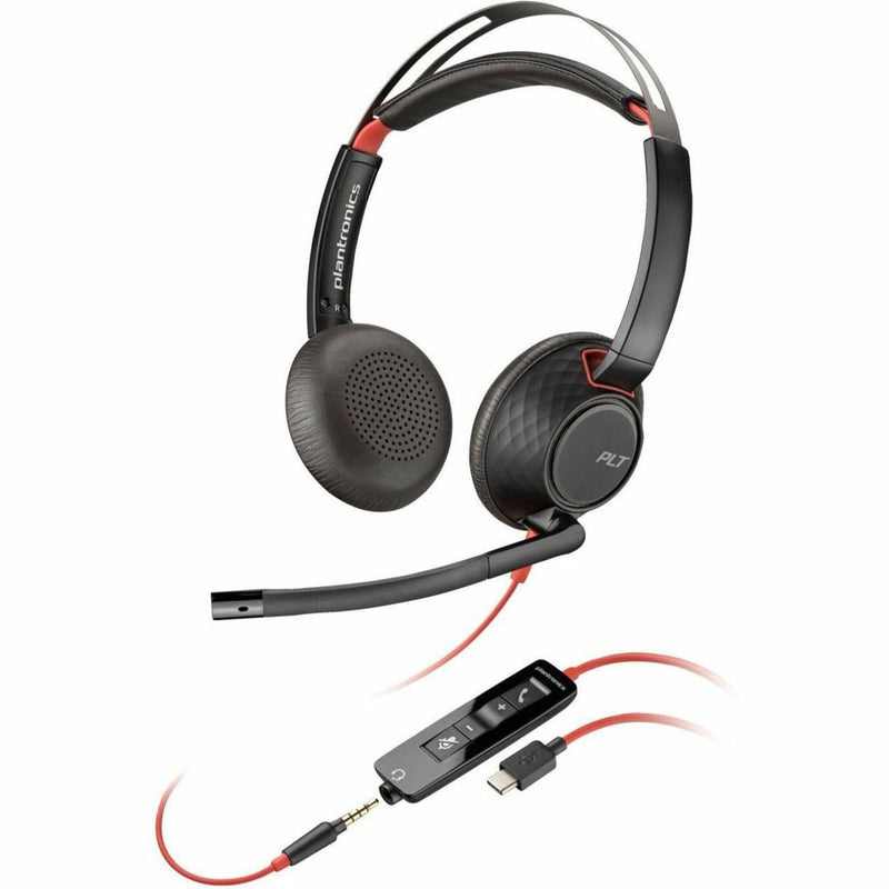 Poly Blackwire C5220 binaural headset with USB-C and 3.5mm connectivity, featuring memory foam ear cushions, noise-canceling boom microphone, and inline controls