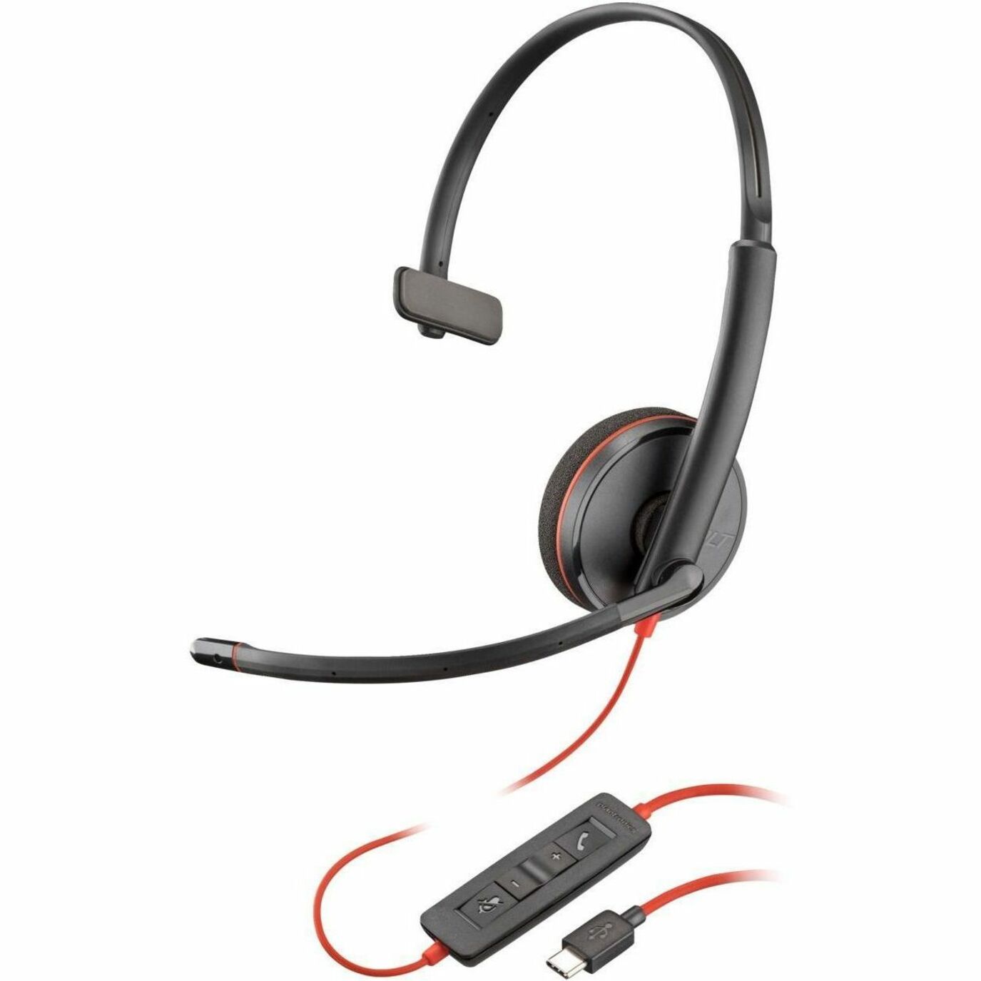 Poly Blackwire 3210 monaural headset with boom microphone, leatherette ear cushion, and inline USB-C controls with red accents-alternate-image1