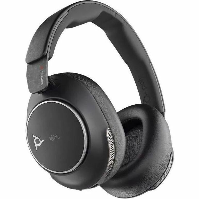 Angled view of Poly Voyager Surround 80 UC headset highlighting noise cancellation features-alternate-image3