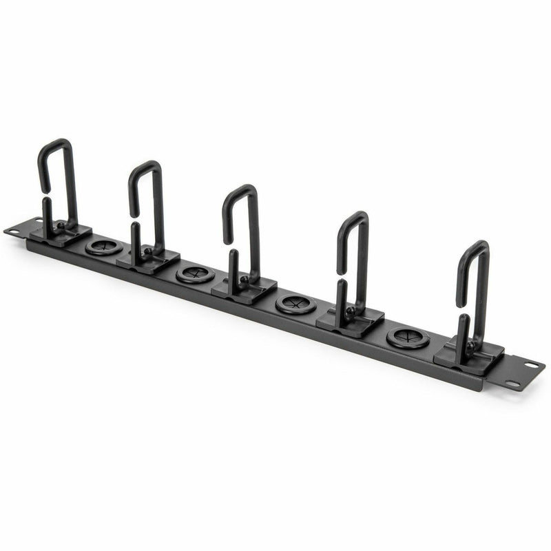 Front view of 1U rack mount cable management panel with 5 black D-rings