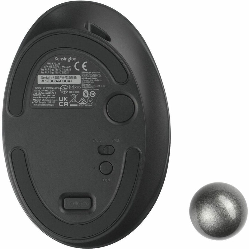 Bottom view of Kensington Pro Fit TB550 showing trackball removal system and product information