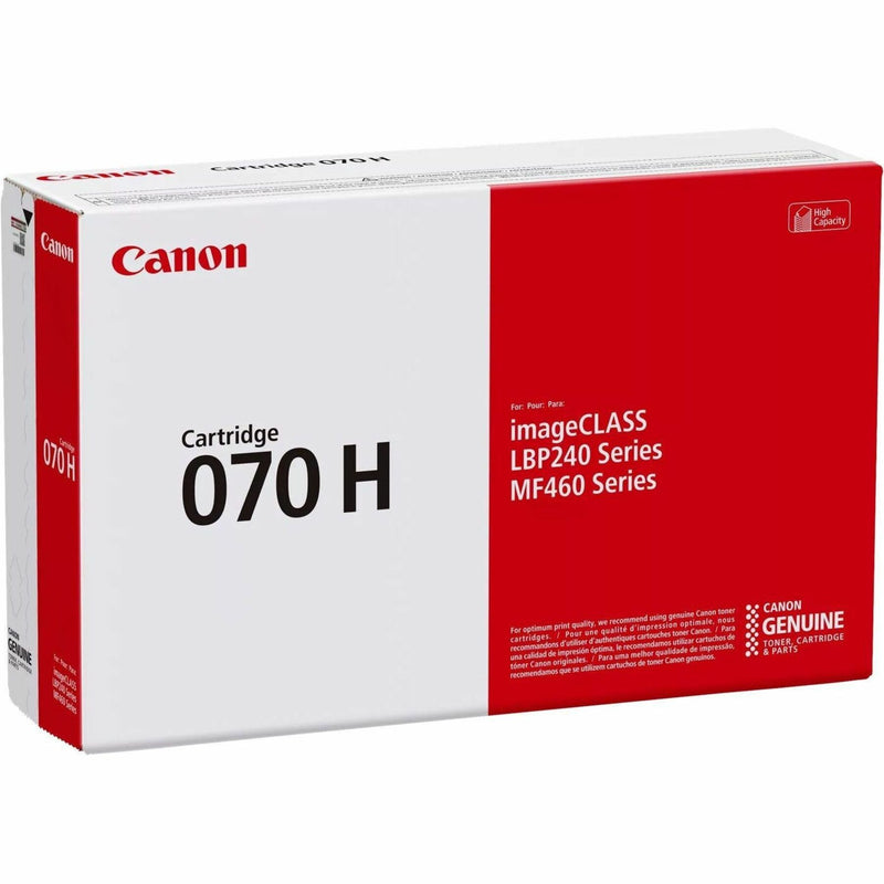 Side view of Canon 070H toner cartridge packaging displaying product information and specifications