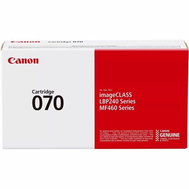 Front view of Canon 070 toner cartridge retail box displaying product specifications