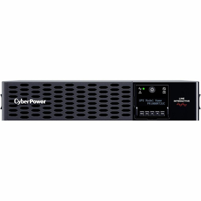 Front view of CyberPower PR1000RT2UC UPS in rack mount configuration showing LCD display and ventilated panel