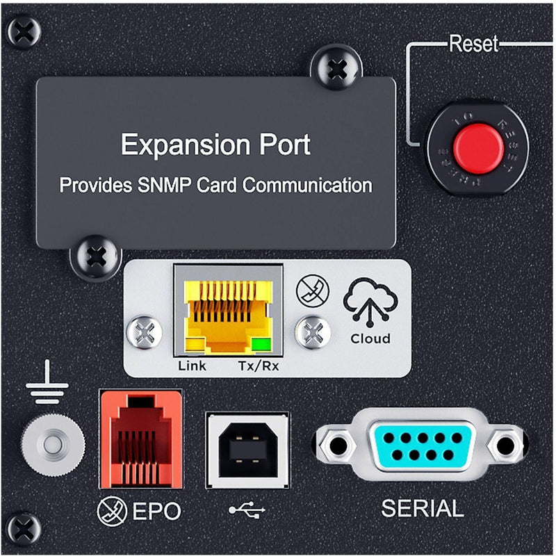 Close-up of network management ports and expansion slot on CyberPower PR1000RT2UC