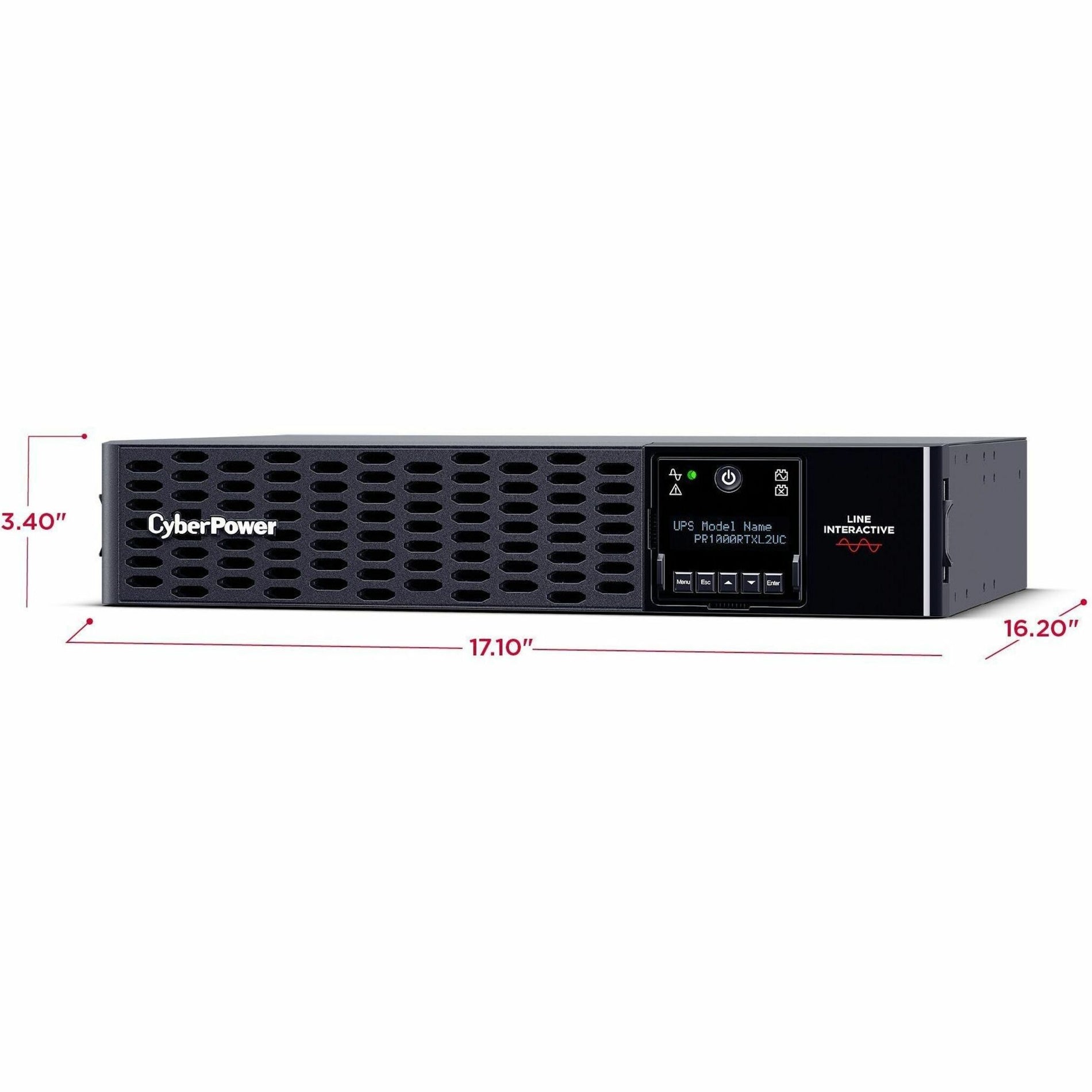 Dimensional specifications of CyberPower PR1000RTXL2UC UPS showing exact measurements-alternate-image3