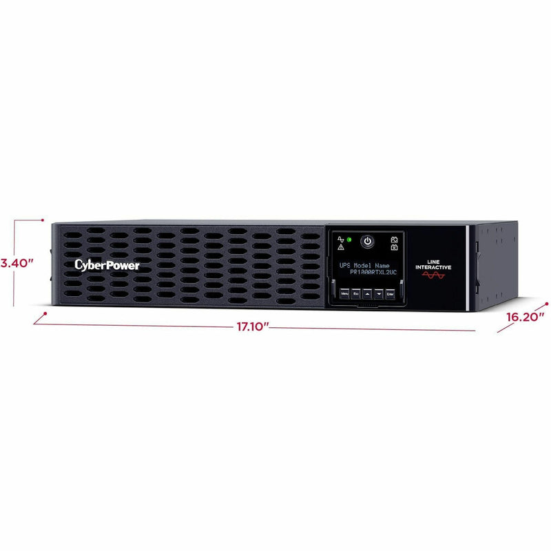 Dimensional specifications of CyberPower PR1000RTXL2UC UPS showing exact measurements