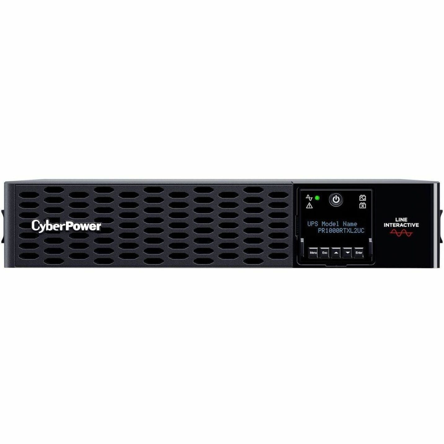 Front view of CyberPower PR1000RTXL2UC UPS showing LCD display panel and ventilated chassis design-alternate-image1