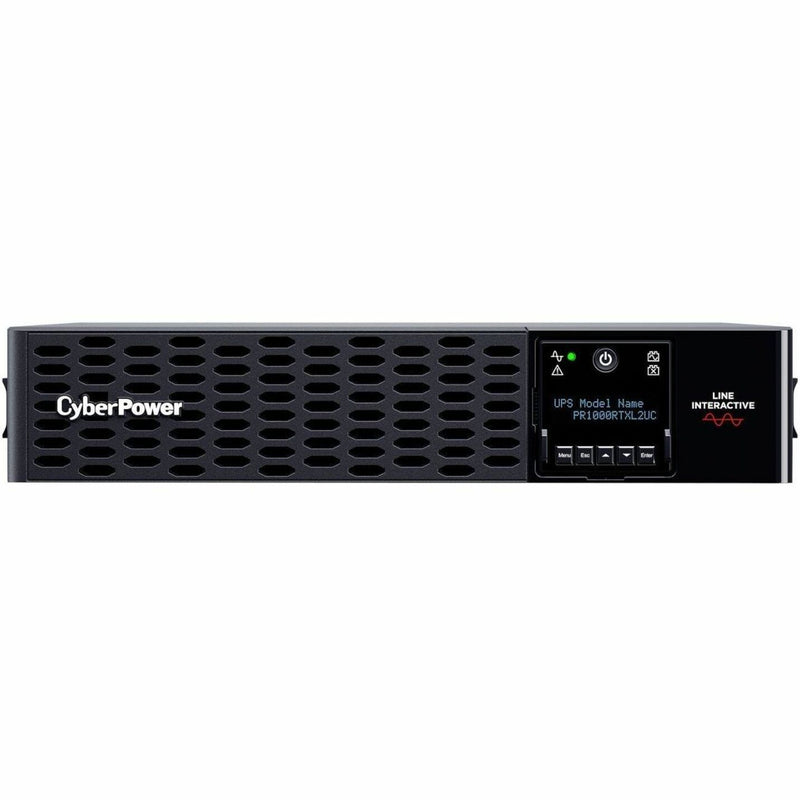 Front view of CyberPower PR1000RTXL2UC UPS showing LCD display panel and ventilated chassis design