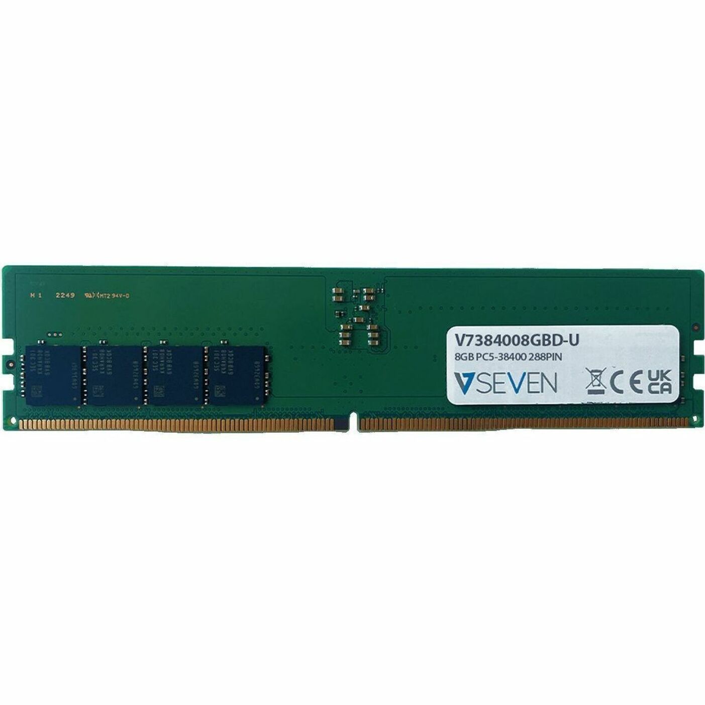 V7 8GB DDR5-4800 RAM module showing green PCB with memory chips and product label displaying model V7384008GBD-U-alternate-image1