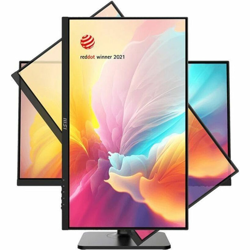 Multiple orientation views of MSI Modern MD2412P monitor demonstrating pivot function