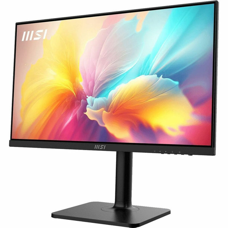 Front angled view of MSI Modern MD2412P monitor showing frameless design and vibrant display