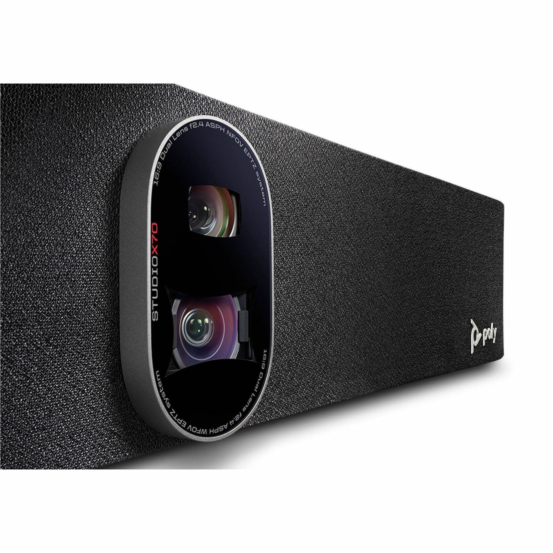 Close-up view of Poly Studio X70's dual 4K camera system with premium lens assembly in black textured housing-alternate-image1