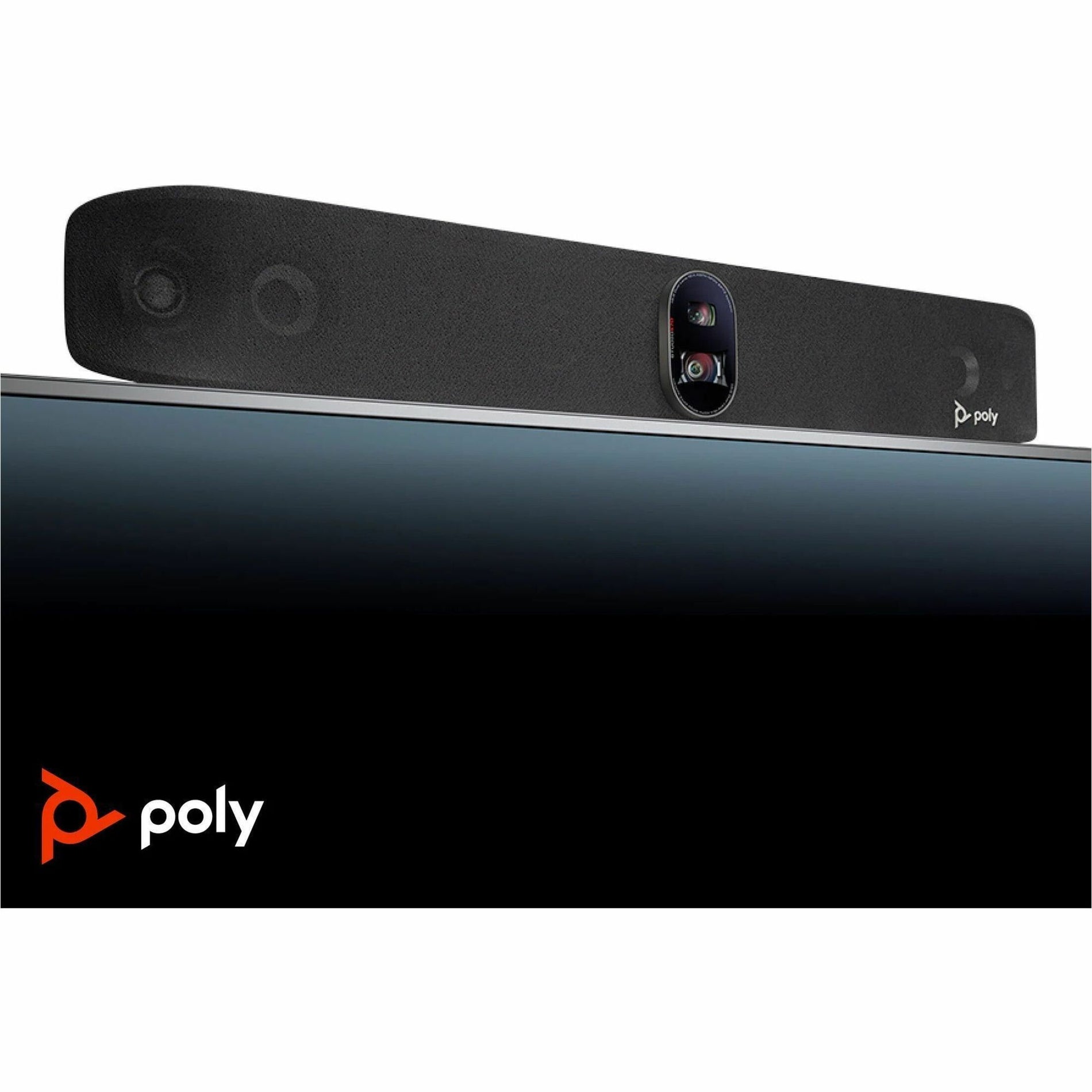 Profile view of Poly Studio X70 video bar mounted above display showing sleek design and Poly branding-alternate-image2