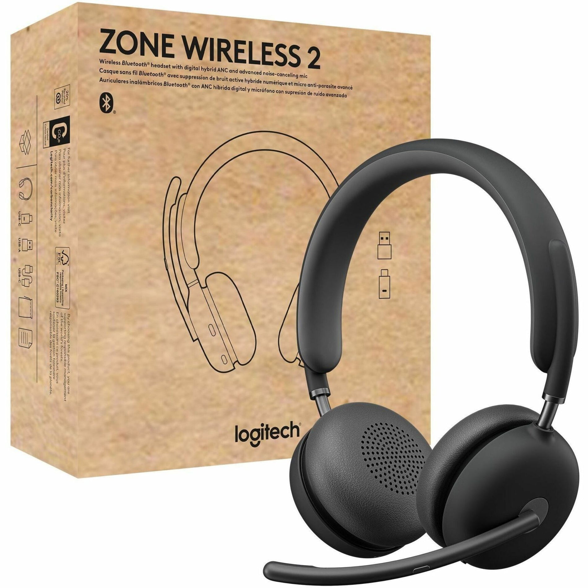 Logitech Zone Wireless 2 headset in graphite color with product packaging showing wireless Bluetooth capabilities and noise-canceling features-alternate-image1