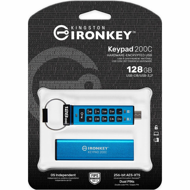 IronKey Keypad 200C retail packaging showing security certifications and features