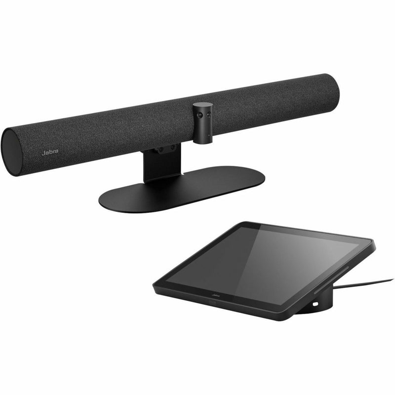 Jabra PanaCast 50 Video Bar System featuring a black sound bar with integrated cameras mounted on a stand, accompanied by a touch-enabled control tablet