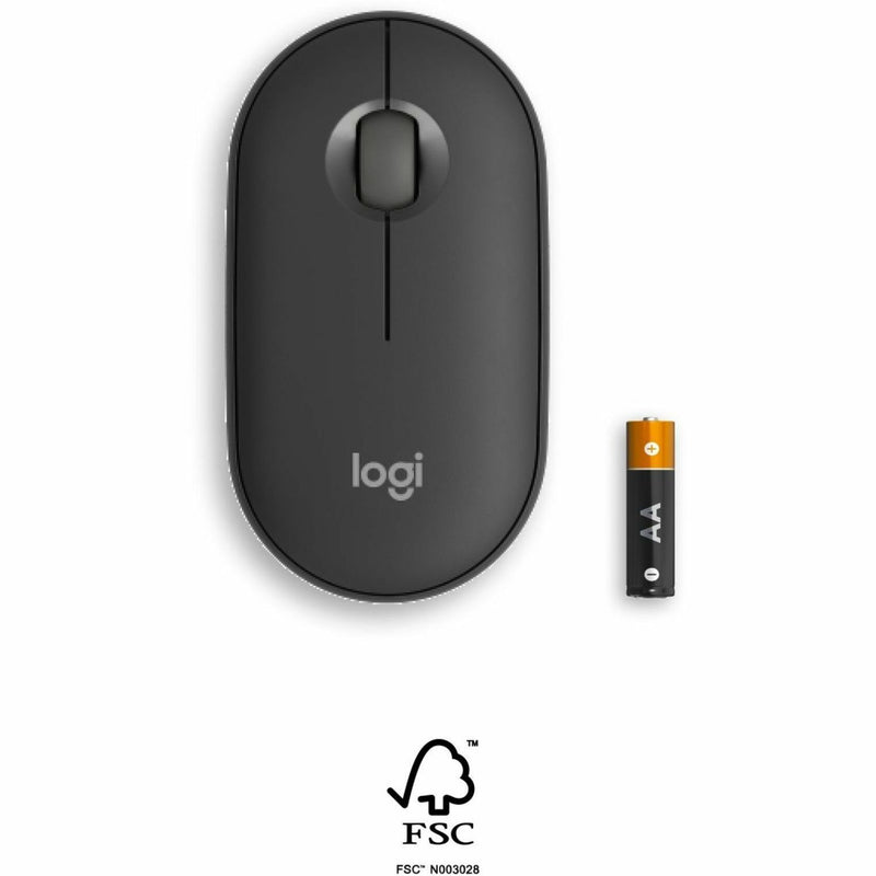 Logitech Pebble 2 M350s mouse with battery and FSC certification logo