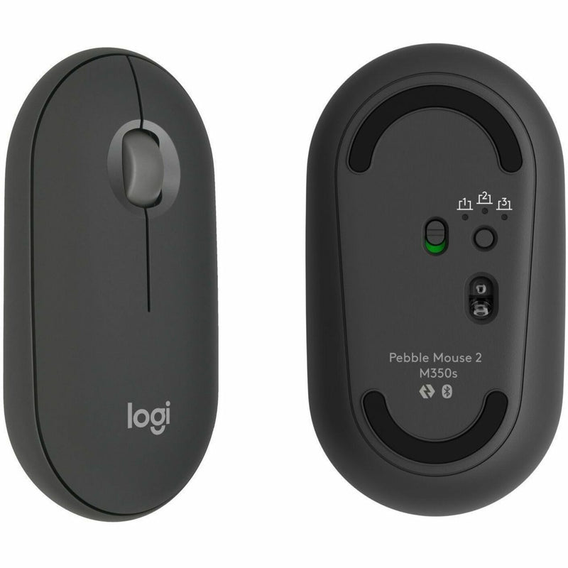 Top and bottom view of Logitech Pebble 2 M350s mouse showing button layout and sensor