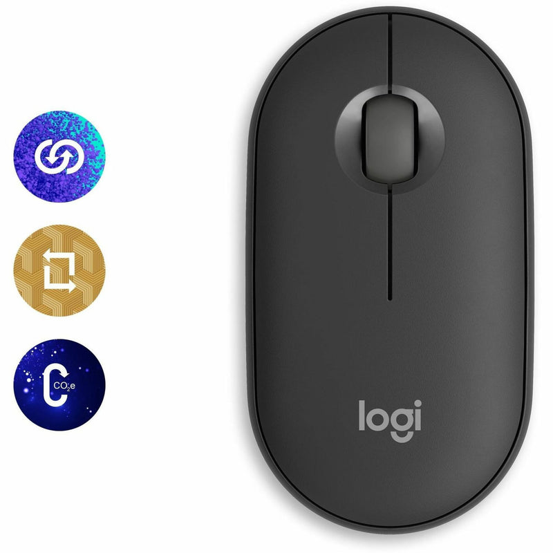 Logitech Pebble 2 M350s mouse with sustainability certification icons